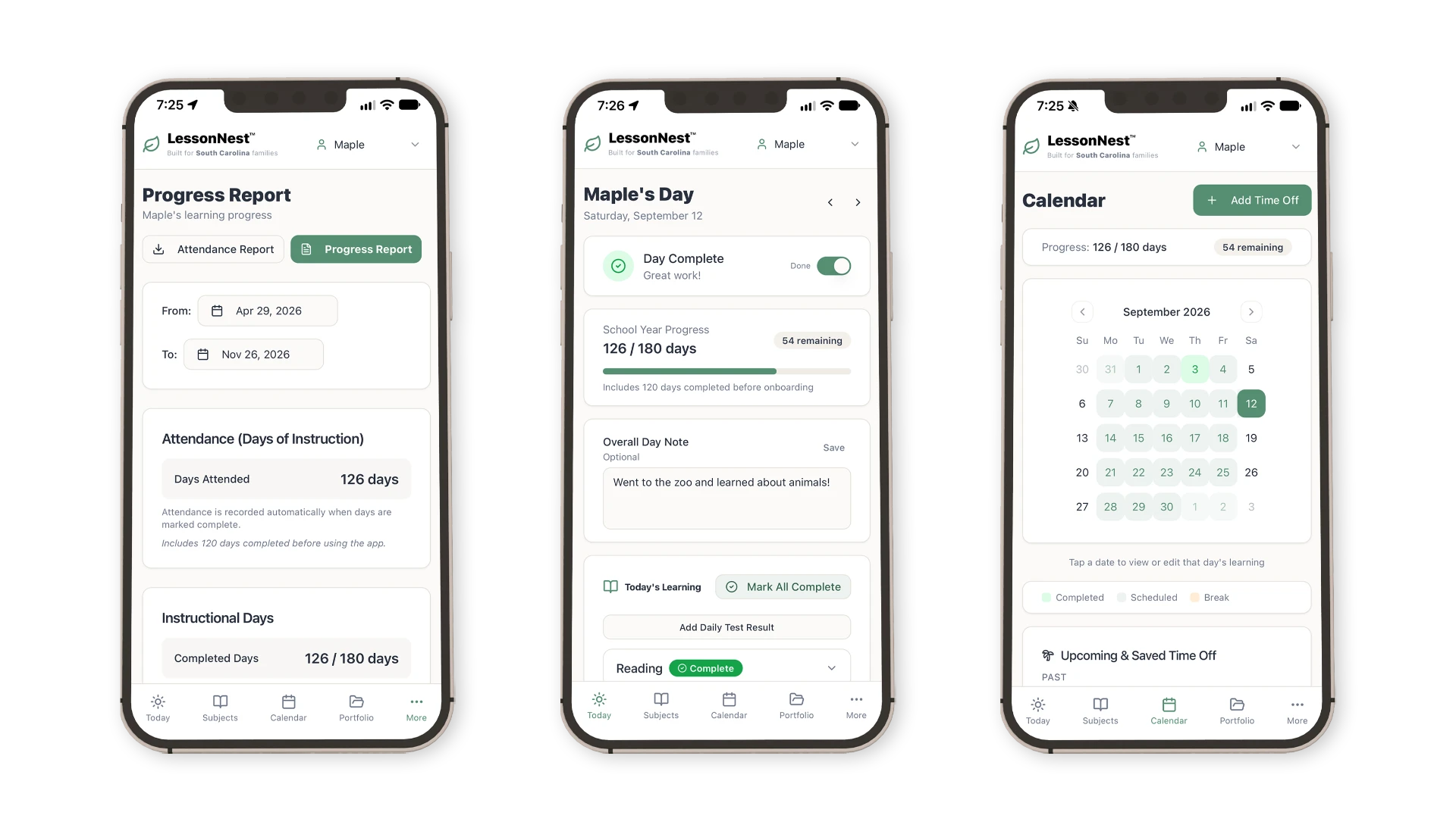LessonNest app showing daily homeschool tracking dashboard