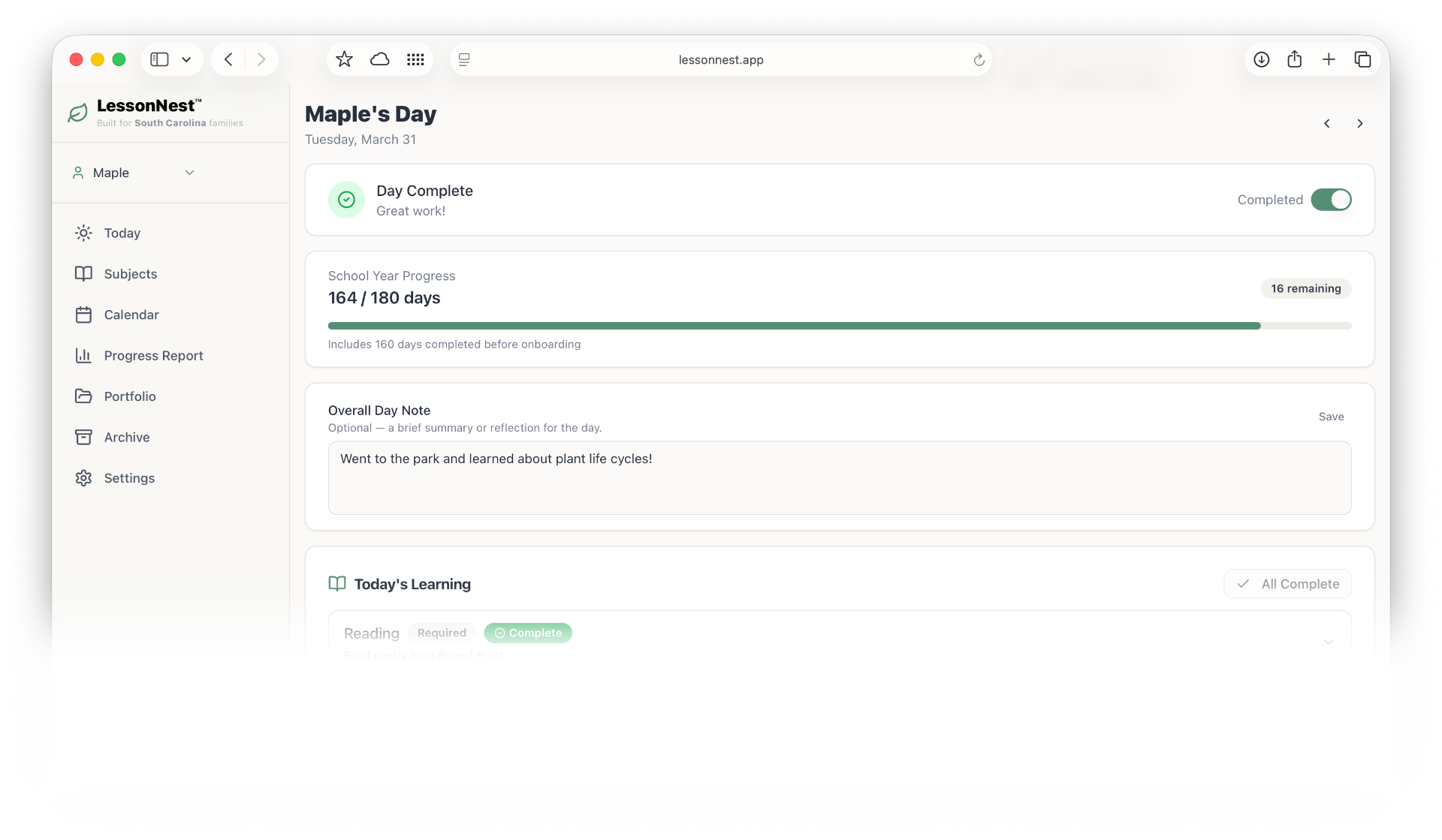 LessonNest app showing daily homeschool tracking dashboard